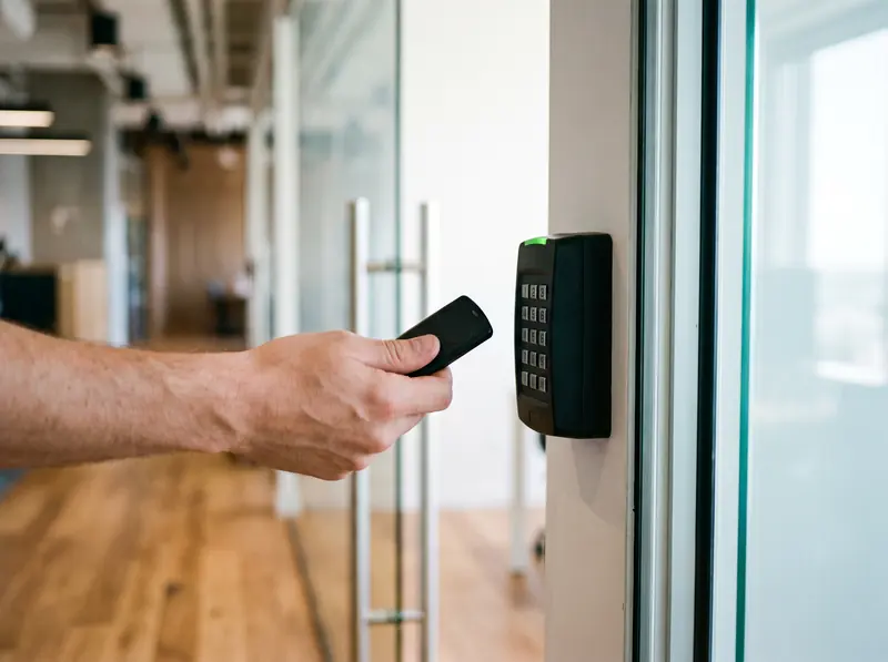 A fob being held to an access control reader by a glass door