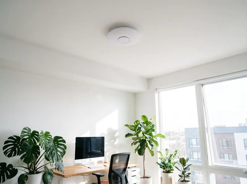 A Wi-Fi access point on a home office ceiling