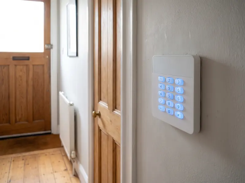 An intruder alarm keypad by a front door
