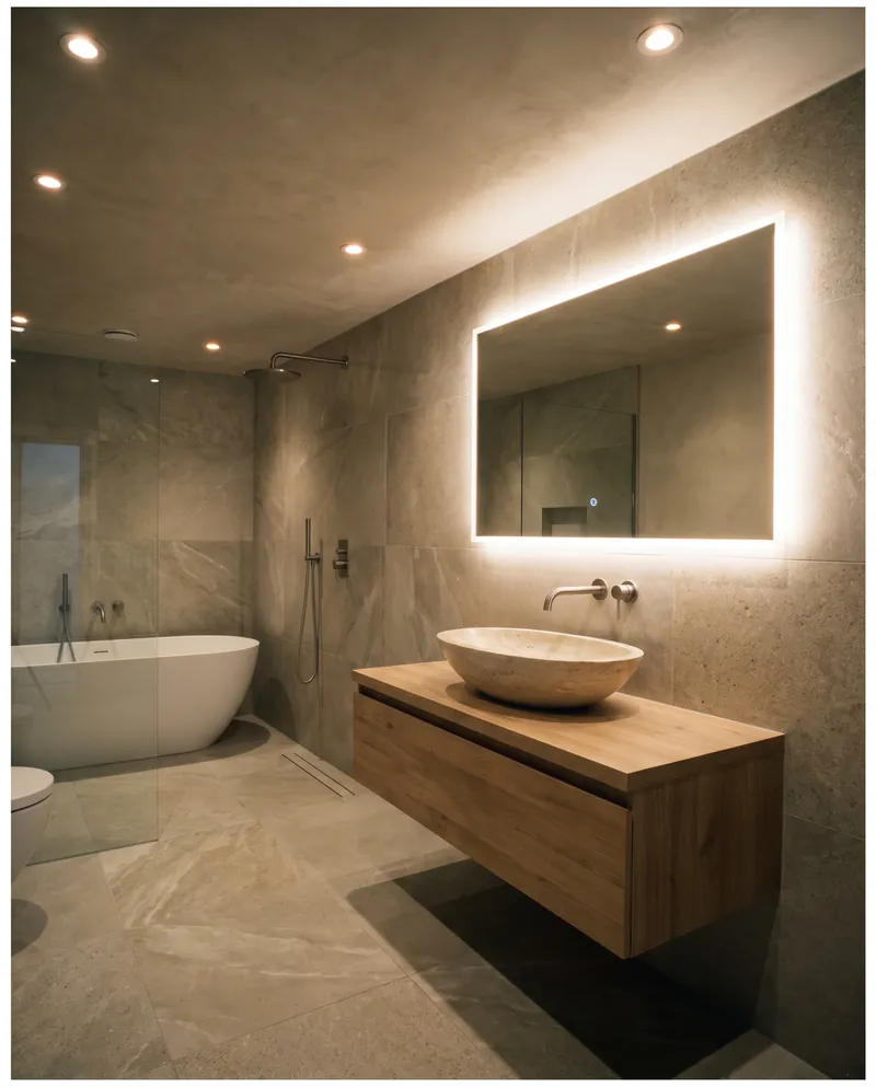 A bathroom with ceiling downlights and a backlit mirror