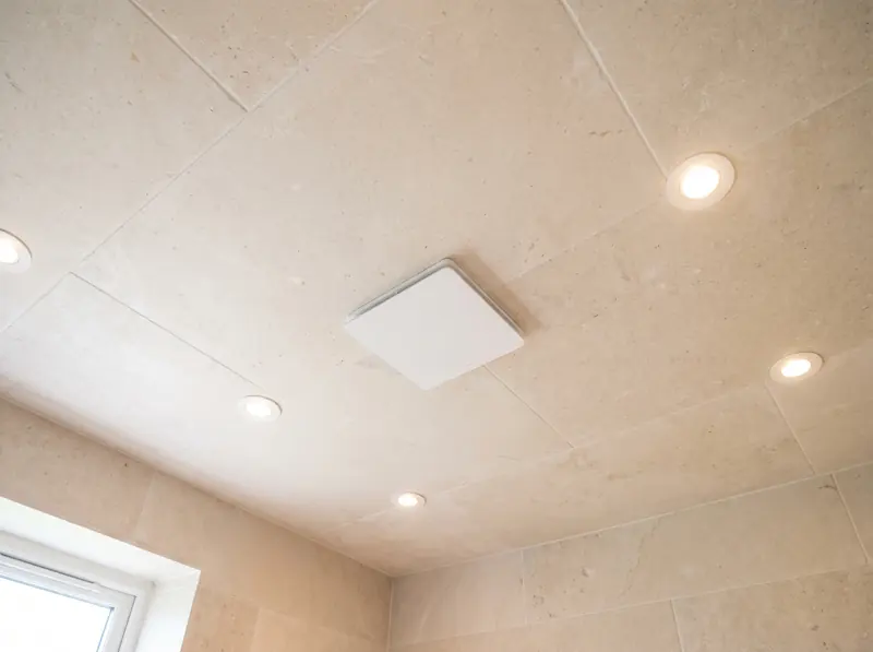 A bathroom ceiling with an extractor fan and downlights