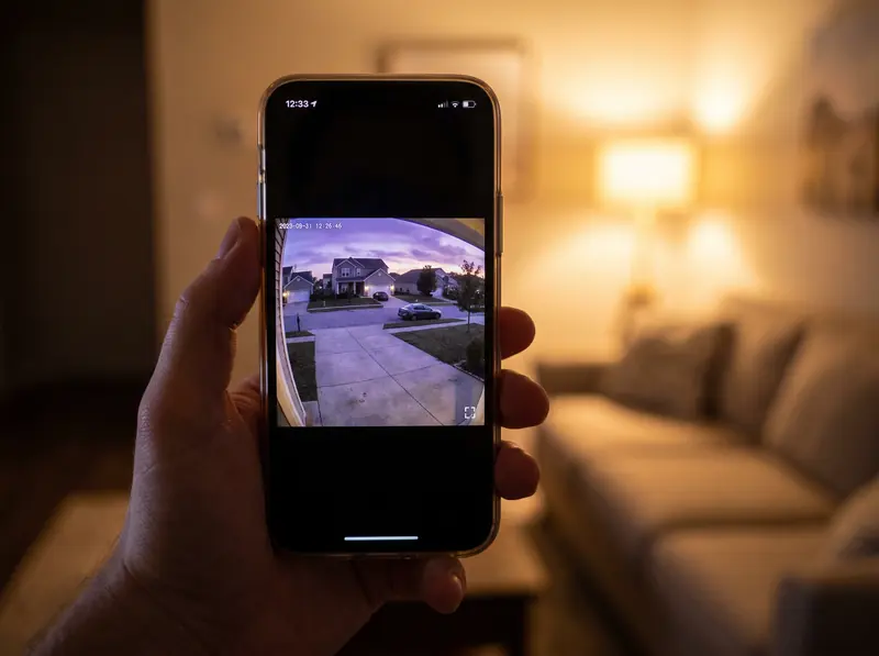 A phone showing a live camera view of a driveway