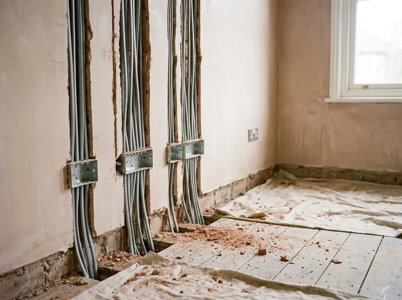 Fresh chases in a plastered wall with new cables running to back boxes