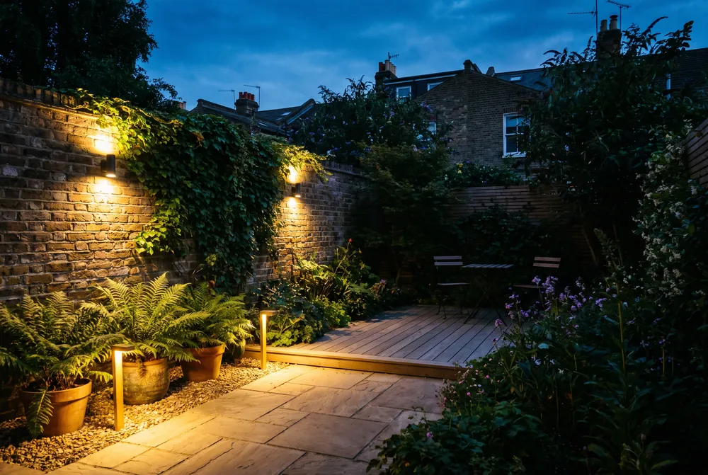 A London back garden with path and wall lights at dusk