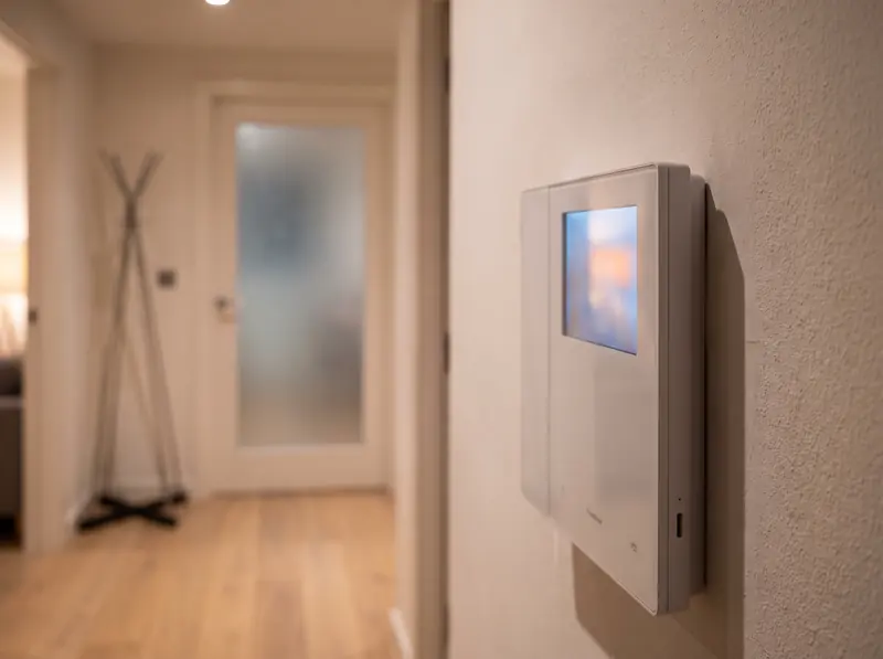 A video door entry handset on a hallway wall