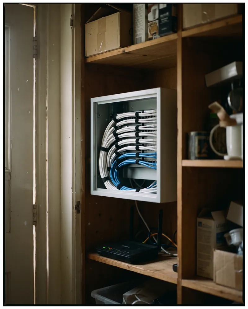 A small network cabinet with neatly bundled cables