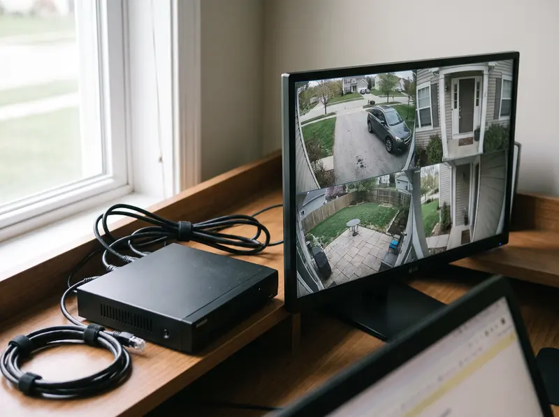 A CCTV recorder and a monitor showing four camera views