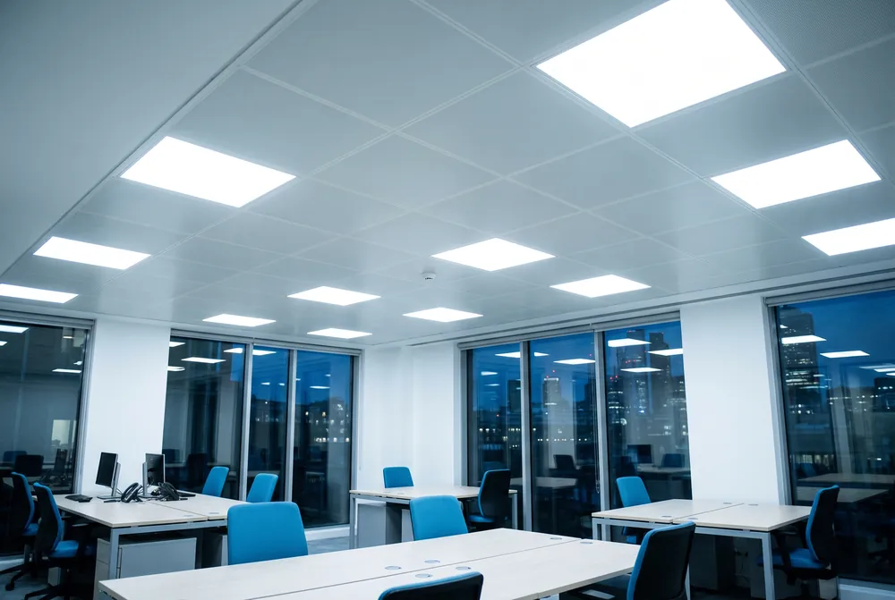 An office with flush LED ceiling panels