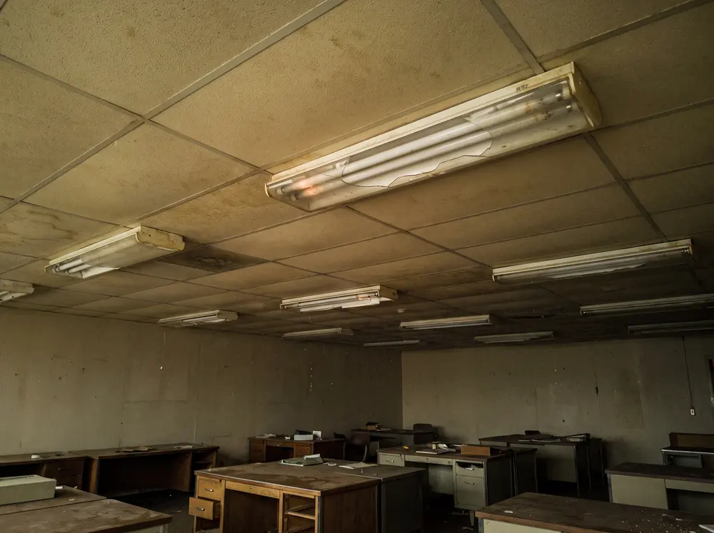Before: An office ceiling with old fluorescent light fittings