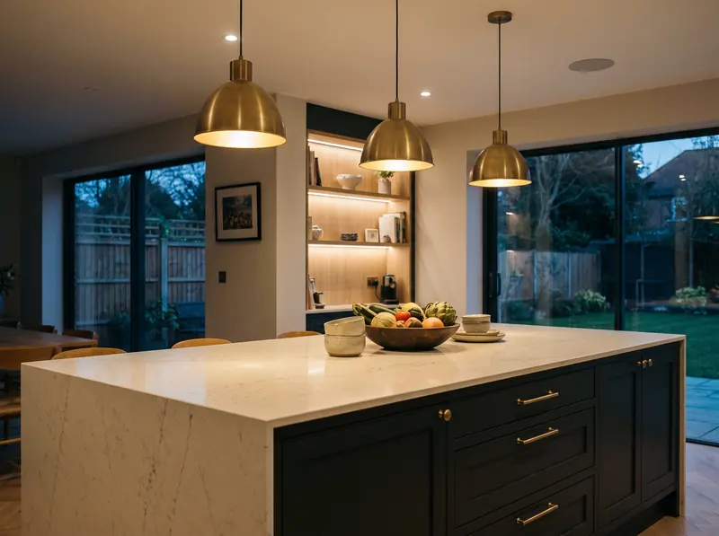 Three brass pendant lights over a kitchen island