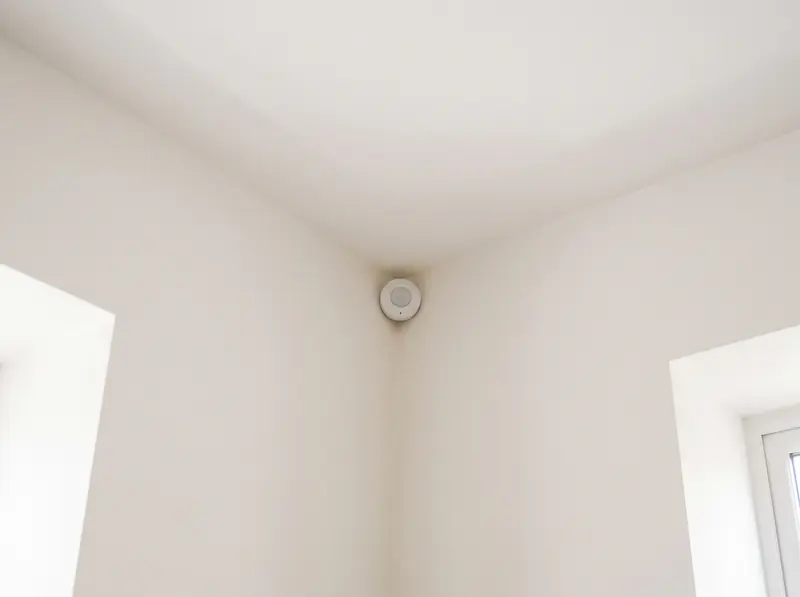 A motion sensor in the corner of a hallway ceiling