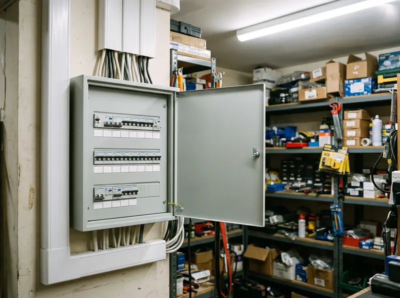 A neat distribution board in the back room of a shop