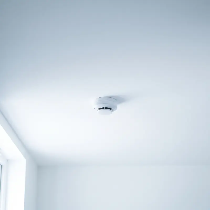 A smoke detector on a hallway ceiling