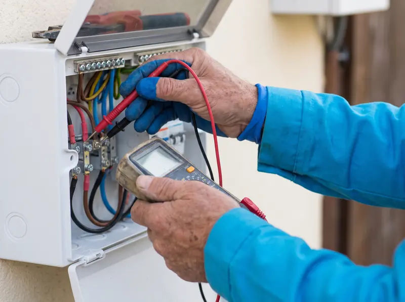 An electrician testing a consumer unit with a multifunction tester