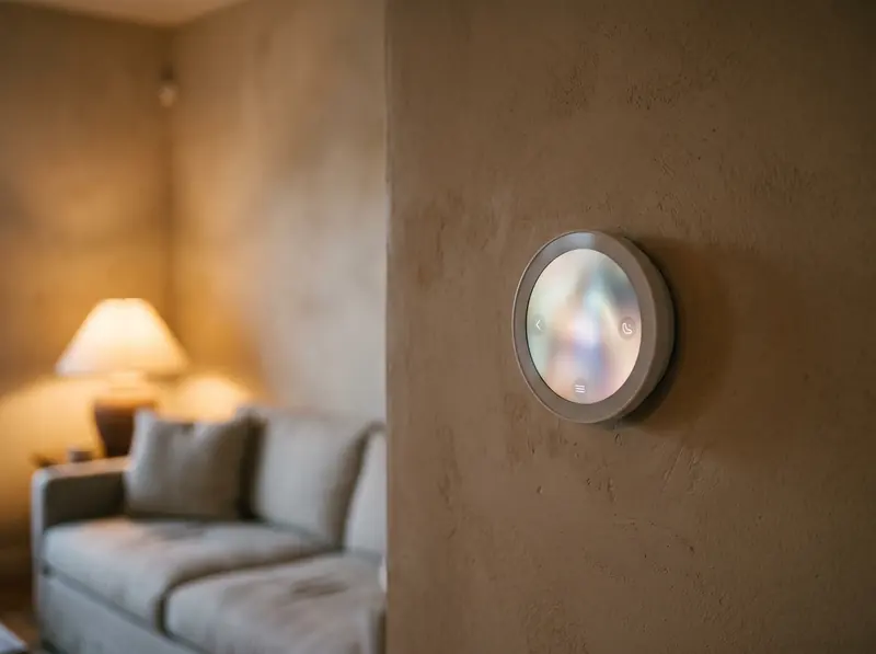 A smart thermostat on a living room wall