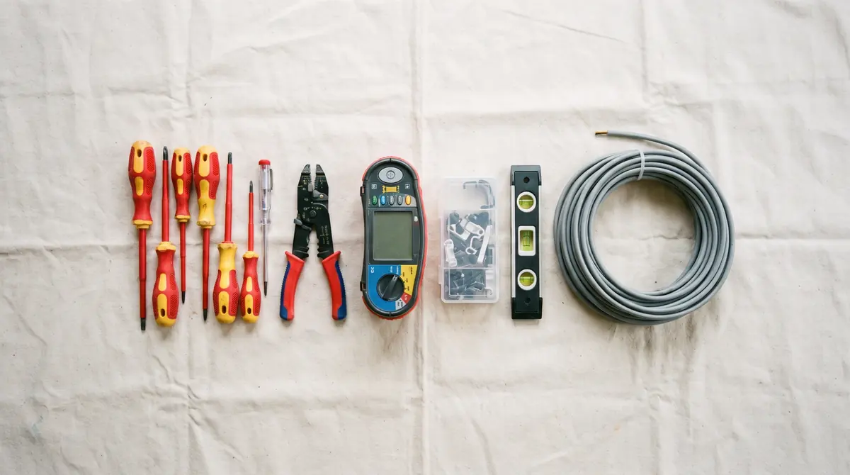Electrician's tools laid out neatly on a dust sheet