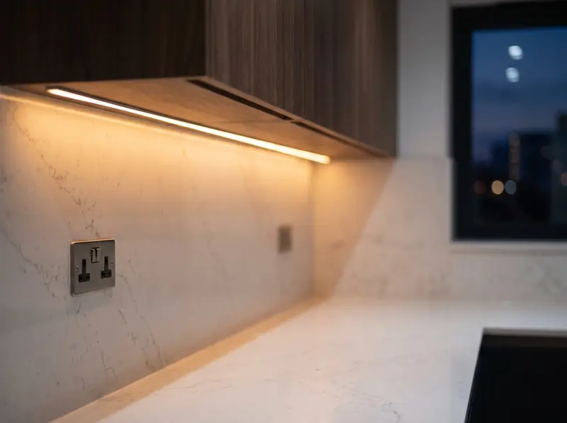 Warm LED strip lighting under kitchen cabinets